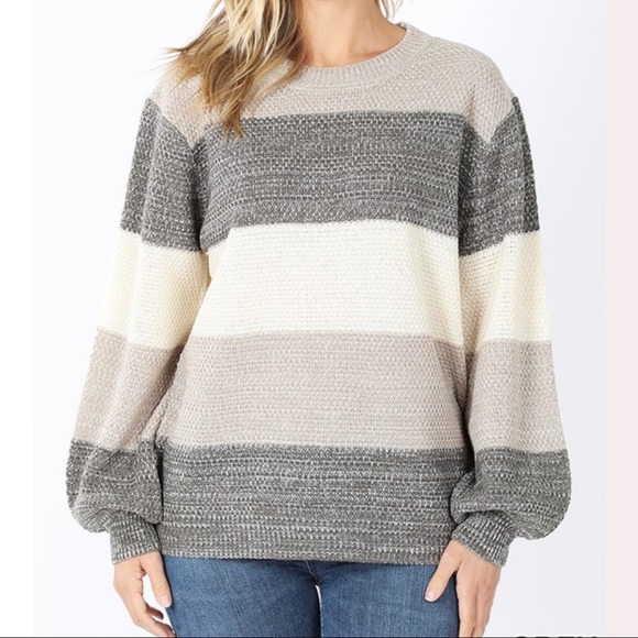 Zenana Outfitters Sweaters - Willow Sweater- Gray Stripe- Balloon Sleeve- Multi